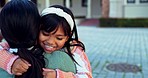 Mom, happy kid and hug at school outdoor for care, love and bonding together. Mother, child smile and embrace student for support, trust or welcome greeting after learning education at kindergarten