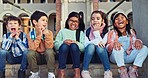 School, excited and face of children on stairs ready for education, learning and lesson for class. Happy, students and portrait of young kids on steps for development, growth and knowledge at academy