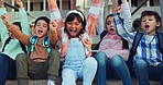 School, hands up and children laugh on stairs excited for education, learning and class at academy. Happy, students and group of young kids on steps cheer for child development, growth and knowledge