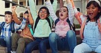 School, friends and excited children on stairs ready for education, learning and lesson at campus. Happy, students and group of young kids with hands raised for development, cheering and knowledge