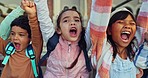 Education, hands up and excited children on stairs for knowledge, learning and class at academy. Happy students, school and group of young kids on steps cheering for development, growth and success