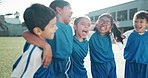 Kids, soccer and excited with team, jump and sports, young athlete group winning outdoor and happiness, People, competition and football player with support, fitness with huddle or celebration