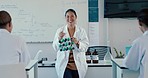 Science, molecules and an asian woman professor laughing in class while teaching innovation in a laboratory. School, learning or study in a classroom and a funny teacher with a molecular structure