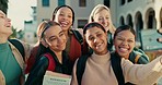 Laughing, students and selfie on diversity school, college and university campus for social media, picture and girls support. Smile, gen z and funny friends group with joke, photography and bonding