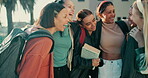 University, campus and group of students hug for support, care and on break together for learning or education. College, youth and friends embrace as happiness for exam studying, books or scholarship