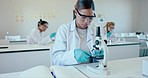 Woman, science and class with microscope, university and education to learn, sample analysis and experiment. Research, innovation and notes, academic growth for student scientist and investigation