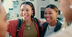 Teen girl friends, laugh and circle with comic joke, story or gossip on break at high school campus. Happy students, talking and hug in huddle with funny chat, listening and diversity in Los Angeles