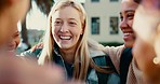 Teen girl students, laugh and circle with comic joke, story or gossip on break at high school campus. Happy friends, talking and hug in huddle with funny chat, solidarity and diversity in Los Angeles