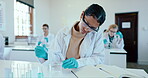 Teenager, girl in chemistry class and test tube with chemical, science experiment and education to learn. Research, innovation and future with academic growth, student scientist and liquid to test