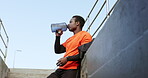 Black man, drinking water and fitness outdoor, relax after run with hydration and thirst, health and wellness. Athlete, sports and cardio with healthy runner in city, bottle with h2o or beverage