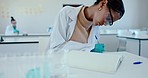 Teen girl, notes and chemistry with test tube, chemical for science experiment in class and education. Research, innovation and future with academic growth, student scientist and liquid solution