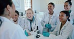 Laboratory, university and professor with students, funny and research with conversation, chemistry and lesson. Teacher, group or academic with higher education, learning or laughing in a classroom