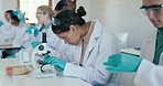 Classroom, science and students in laboratory with microscope for learning, lesson and education. Chemistry, microbiology and girl with equipment for sample study, analysis and research at university