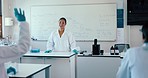 Science, question and an asian woman professor teaching a class in a laboratory for innovation. School, learning or answer in a classroom with a teacher or scientist talking in a lab during a lecture