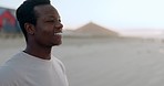 Face, flare and a sports black man on the beach for fitness, training or a cardio workout by the ocean. Exercise, smile and health with a happy young runner at the sea for wellness on mockup