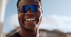 Black man, happiness and face with glasses for fitness challenge, motivation and workout outdoor on blurred background. Exercise, person and nature for sports training, coaching and healthy body
