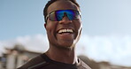 Happiness, black man and portrait for fitness challenge, motivation and workout outdoor on blurred background. Exercise, person and nature for sports training, coaching and body health with smile