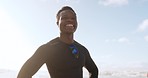 Thinking, outdoor or black man with fitness, smile or beach with workout, break or wellness. African person, athlete or guy with motivation, idea or seaside for training, relax or exercise for health