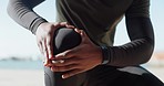 Fitness, knee pain and hands of man runner outdoor for training with muscle, problem or accident closeup. Zoom, injury and guy athlete with leg massage for arthritis, fibromyalgia or osteoporosis 