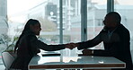 Job interview, handshake and business people in office with silhouette of meeting, collaboration or support for onboarding. Businessman, shaking hands and thank you for hiring, success and welcome