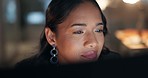 Reading, thinking and happy woman at computer in office with email, report or review at night. Research, brainstorming ideas and business insight at overtime and businesswoman checking online article
