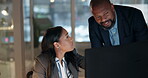 Computer, training and a business woman with her mentor in the office at night for work on a project. Human resources, management or coaching with a corporate man and employee in the workplace