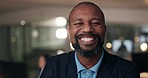 Business, portrait and black man with confidence, smile and leadership with corporate pride. Businessman, startup boss or happy ceo in office, entrepreneur in professional senior management career.