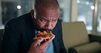 Pizza, night and businessman on a laptop in the office doing research for a financial project deadline. Fast food, technology and African male accountant eating a dinner meal and working on computer.