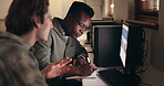 Young men, teamwork and computer or writing notes in website branding, marketing or collaboration on screen.  Business mentor and student for creative internship, copywriting ideas or online feedback