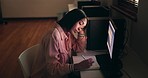 Business, night and woman yawning, tired and computer with workaholic, planning and exhausted. Person, employee and journalist with fatigue, deadline and sleepy with burnout or writing in a workplace