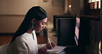 Computer, notebook and writing at night with a woman in her office to work on an article as a journalist. Administration, schedule or research with a young reporter looking for information online