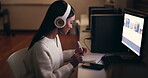 Night, business and woman writing, headphones and planning with computer screen, smartphone and connection. Person, dark and employee with a notebook, headset and planning for a project and ideas