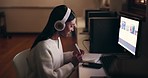 Business, headphones and woman writing, night and computer screen with research, planning and listening to sound. Person streaming music, dark or employee with a headset, pc or notes with inspiration