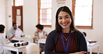 Face, smile and arms crossed with a woman teacher in a classroom for a high school lesson or lecture. Portrait, education and study with a happy young professor in class for scholarship or knowledge