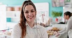 Bakery, smile and face of woman in cafe for small business, restaurant and startup career. Professional, coffee shop and portrait of waitress with crossed arms for sweet foods, pastry and service