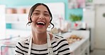 Bakery, laugh and face of woman in cafe for small business, restaurant and startup career. Professional, coffee shop and portrait of waitress with crossed arms for sweet foods, pastry and service