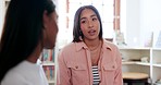 Talking, studying and women at a library for education, scholarship and learning together. University, class and college students or girl speaking on campus for a project discussion or communication