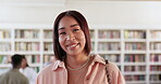 Education, university and library with face of woman on campus for research, studying or learning. Smile, future and scholarship with portrait of student at school for knowledge, books or college