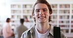 Education, smile and library with face of man on campus for research, studying or learning. College, future and scholarship with portrait of student at school for knowledge, books or university