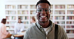 Happy, college and library with face of black man on campus for research, studying or learning. Smile, future and scholarship with portrait of student at school for knowledge, books or university