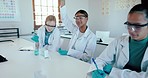 Laboratory, student question and school for research, future scientist class or college table. Answer, science and education for university and medical analysis for learning and studying for biology 