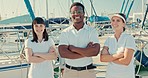 Man, women and ship with sailor team at port, travel and arms crossed with face, pride and smile in Monaco. Captain, staff and happy by yacht, boat and diversity with teamwork, support and motivation