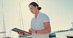 Yacht, tablet and sailing with woman on pier for cruise, management and travel. Boat crew, network and digital with person and search in ship harbor for summer adventure, vacation and technology