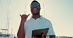 Face, black man and call me with tablet on boat dock, ship or happy sailor in glasses. Portrait, technology and phone hand sign of funny person laughing by yacht on holiday, vacation or summer travel