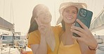 Selfie, peace sign and tourist friends on a yacht together in summer for a luxury vacation or holiday. Travel, relax and women on a boat for a social media profile picture or fun while at sea