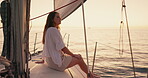 Peace, happiness and woman on boat cruise for travel, holiday or vacation sailing on sea in nature. Water, person and outdoor on a yacht in mauritius for adventure, relax or luxury in summer