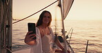 Happy woman, phone and selfie on boat cruise for social media, profile picture or online post on sea. Travel, person and smartphone for photography, adventure and memory of vacation or holiday