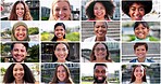 Happy, diversity and face of people on collage for community, multicultural and international group. Montage, collection and portrait of men and women smile in city with happiness, pride and culture