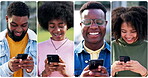 Phone, internet and diversity with a collage of people laughing at a meme or good news online. Mobile, social media or funny reaction with a montage of young men and woman reading a text message joke
