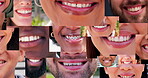 Smile, teeth and dental collage with people in a collection together for diversity, unity or inclusion. Mouth, happy or lips with a montage of natural men and women closeup for hygiene or oral care